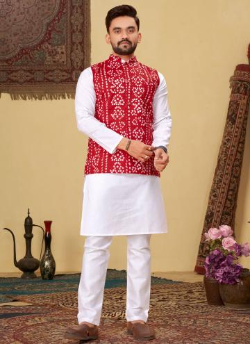 Red and White Cotton  Bandhej Print Kurta Payjama With Jacket
