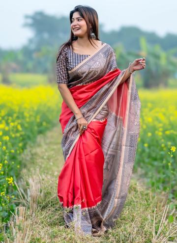 Red color Tussar Silk Designer Saree with Printed