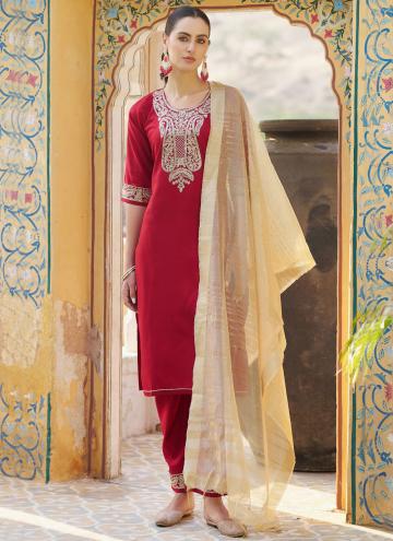 Red Rayon Embroidered Readymade Designer Salwar Suit for Ceremonial