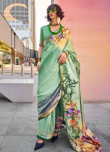 Satin Contemporary Saree in Green Enhanced with Digital Print