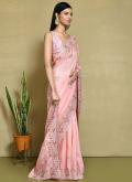 Satin Silk Contemporary Saree in Peach Enhanced with Embroidered - 2