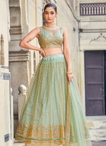 Sea Green A Line Lehenga Choli in Net with Embroidered