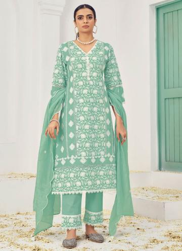 Sea Green color Cotton  Pant Style Suit with Embroidered