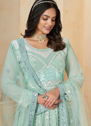 Sea Green color Faux Georgette Gown with Embroidered