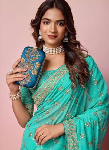 Sequins Work Georgette Turquoise Traditional Saree