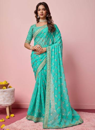 Sequins Work Georgette Turquoise Traditional Saree