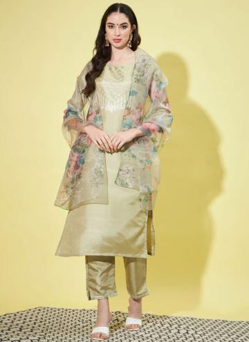 Silk Blend Salwar Suit in Green Enhanced with Embroidered