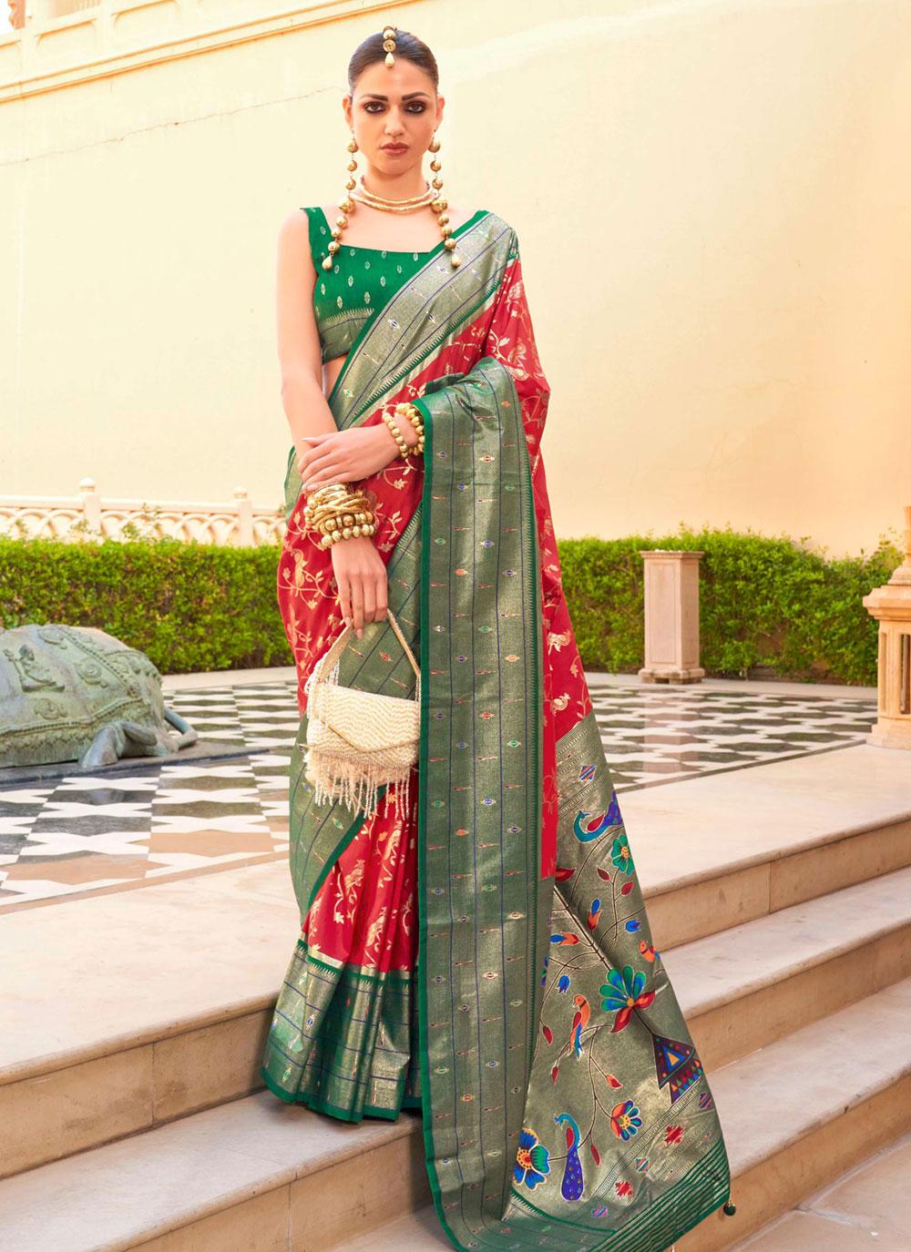 Silk Classic Designer Saree in Red Enhanced with Woven
