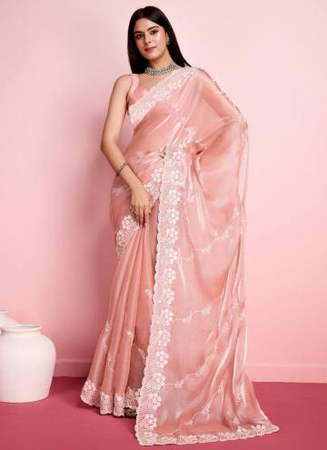 Silk Trendy Saree in Peach Enhanced with Embroidered
