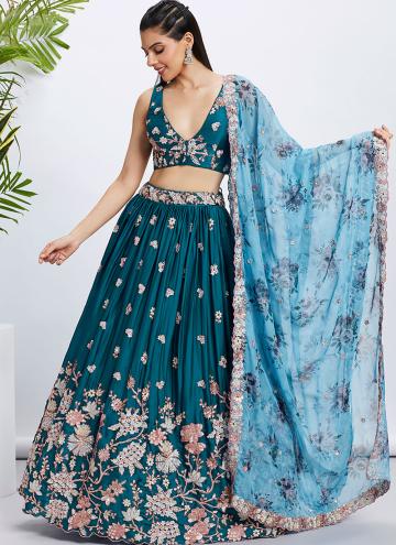 Teal color Embroidered Georgette A Line Lehenga Ch