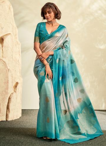 Turquoise color Printed Khadi Contemporary Saree
