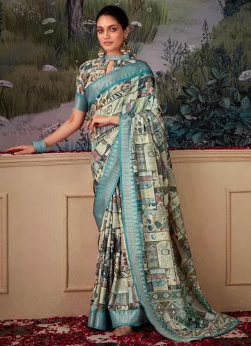 Turquoise color Tussar Silk Contemporary Saree with Printed