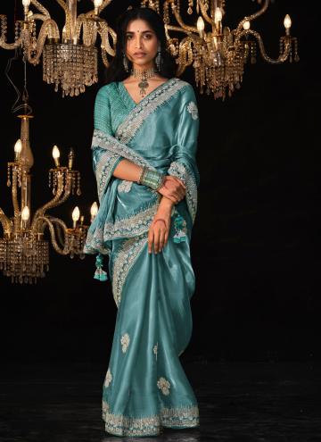 Turquoise Contemporary Saree in Tussar Silk with Border