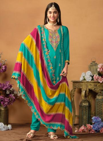 Turquoise Pant Style Suit in Chinon with Embroider