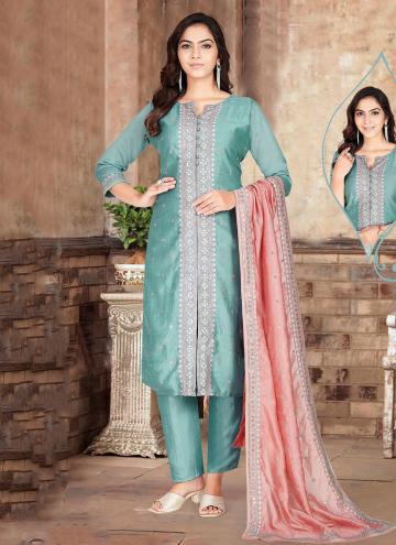Turquoise Silk Embroidered Salwar Suit for Ceremon