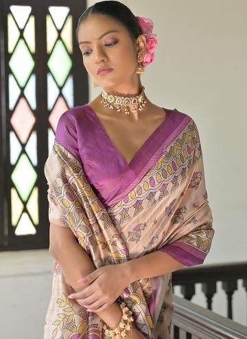 Tussar Silk Classic Designer Saree in Cream Enhanced with Printed