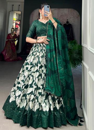 Tussar Silk Designer Lehenga Choli in Green Enhanced with Floral Print