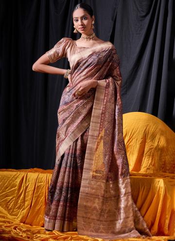 Tussar Silk Trendy Saree in Brown Enhanced with Pr