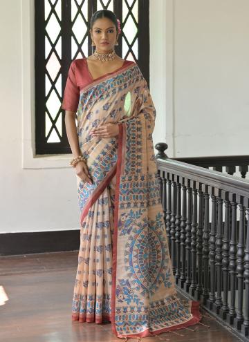 Tussar Silk Trendy Saree in Cream Enhanced with Printed