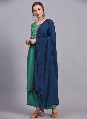 Viscose Salwar Suit in Teal Enhanced with Embroidered