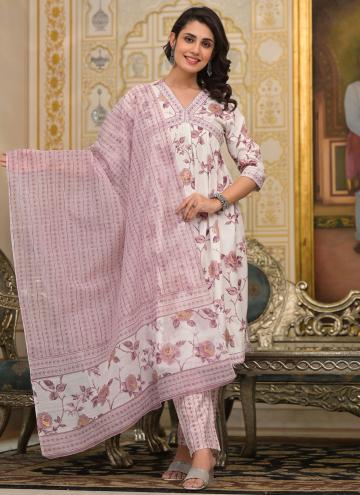 White Designer Salwar Kameez in Cotton  with Floral Print