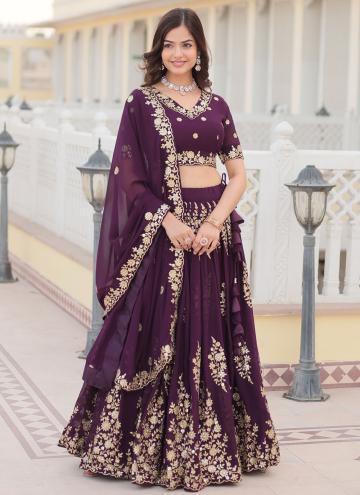 Wine color Faux Georgette A Line Lehenga Choli with Embroidered