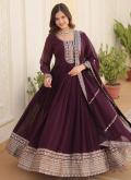 Wine Faux Georgette Embroidered Gown for Ceremonial - 1