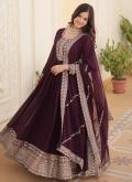 Wine Faux Georgette Embroidered Gown for Ceremonial - 2