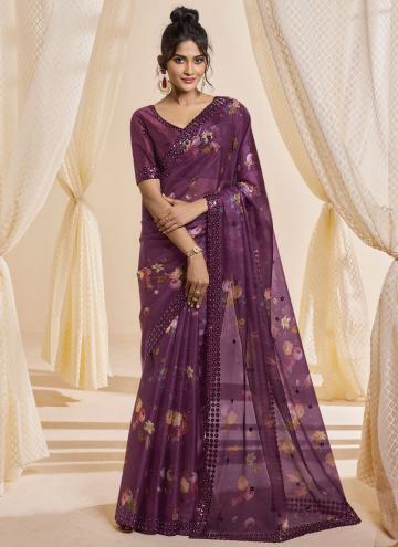 Wine Satin Printed Traditional Saree for Ceremonial
