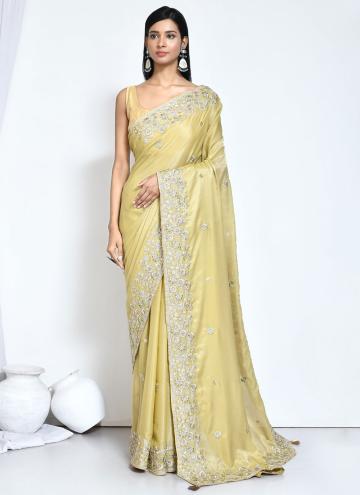 Yellow color Embroidered Satin Silk Classic Designer Saree