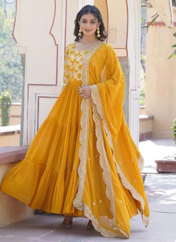 Yellow color Embroidered Viscose Gown