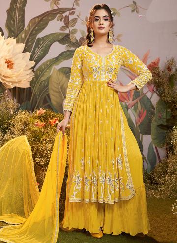 Yellow Georgette Embroidered Palazzo Suit for Cere