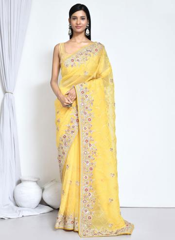 Yellow Organza Embroidered Classic Designer Saree for Ceremonial